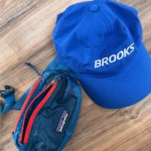 Brooks Bright Blue Cap and Patagonia Teal Fanny Pack